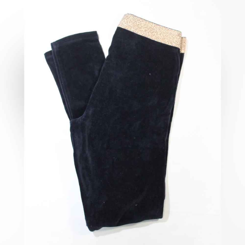 Boden Navy Velvet Leggings with Metallic Rose Gold Waistband